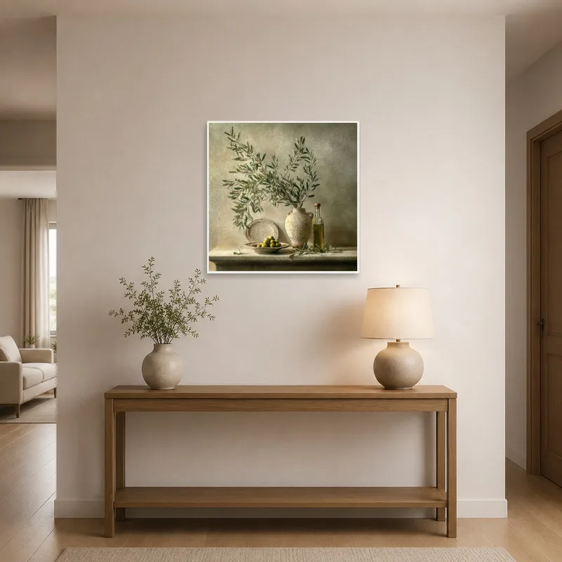 Entrance hall accented by the serene olive branch still life print.