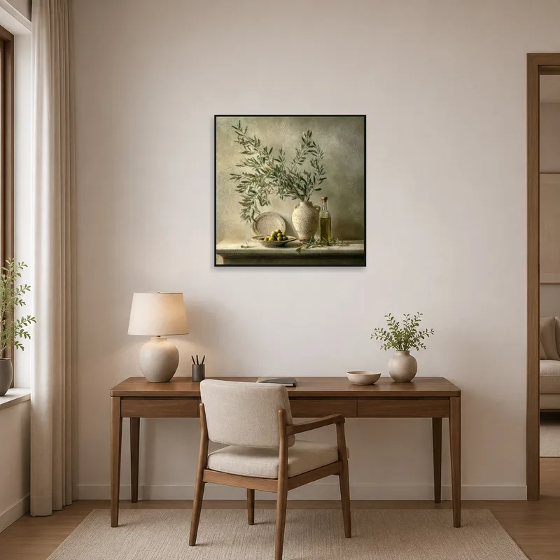 Home office brightened by the organic charm of olive branch art.