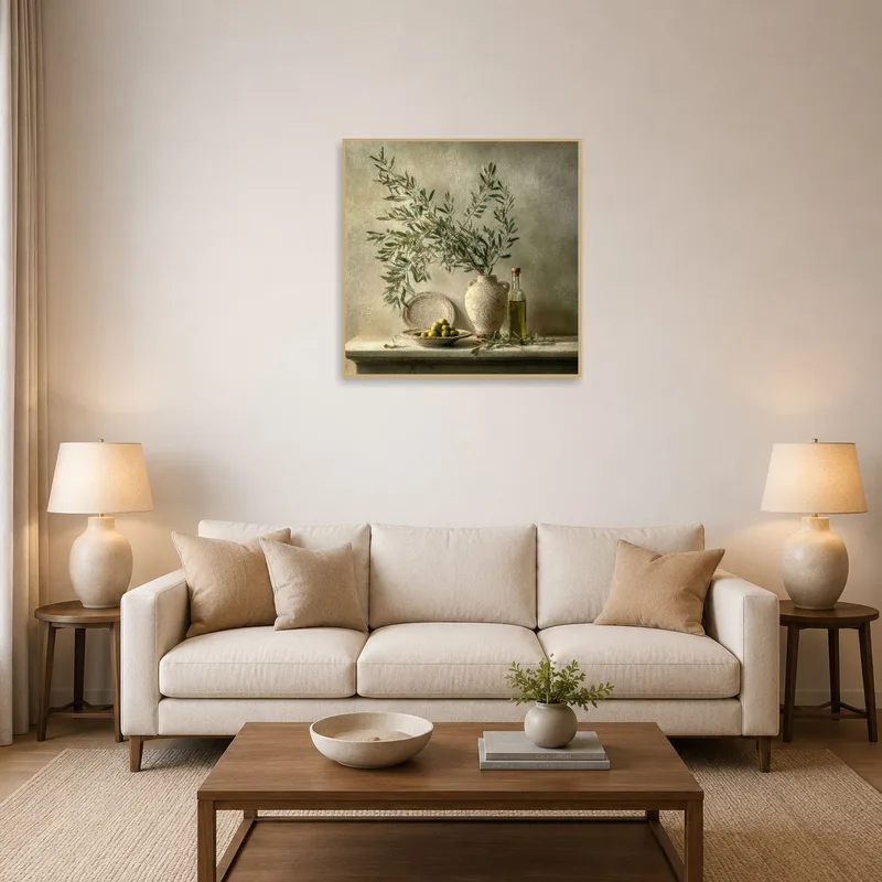Olive branch art print adds a rustic touch above the living room sofa.