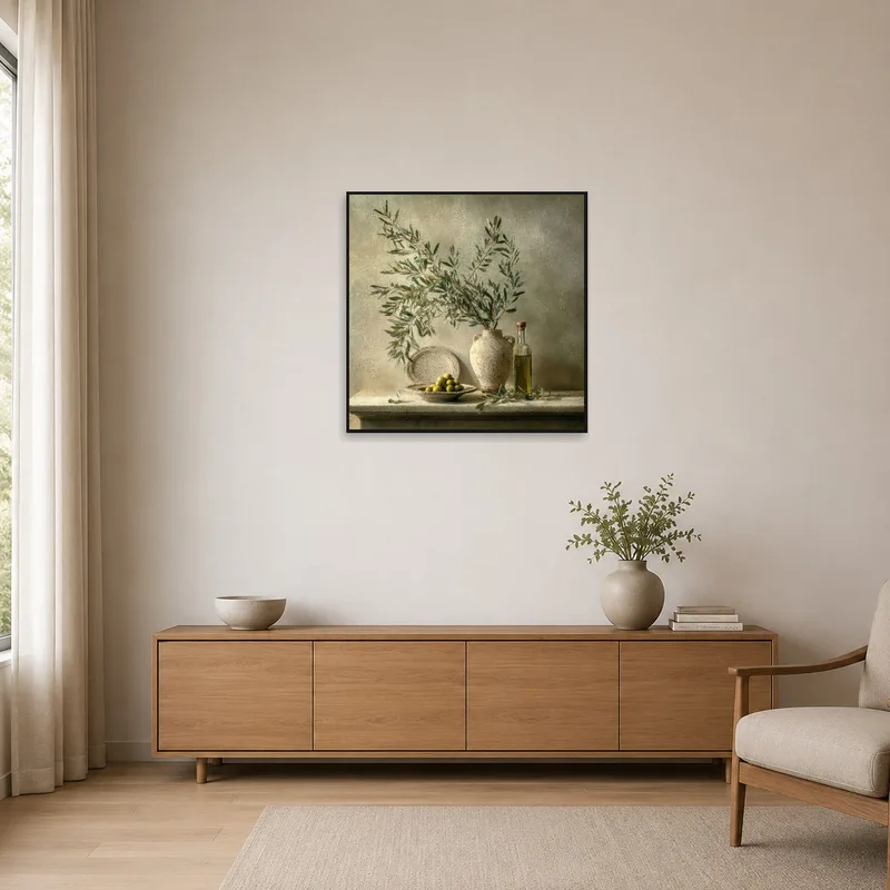 Minimalist room with olive branch art bringing natural elegance.