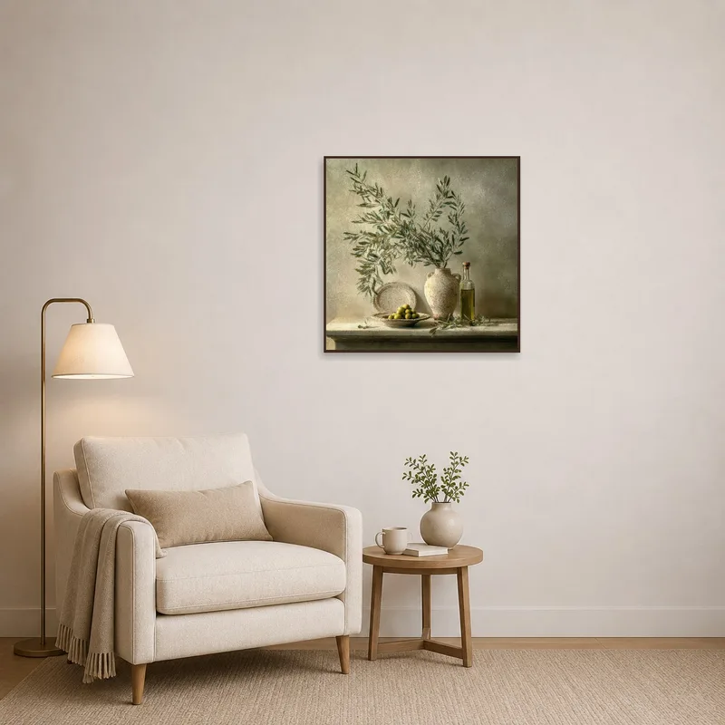 Cozy reading corner enhanced with a calming olive branch still life.