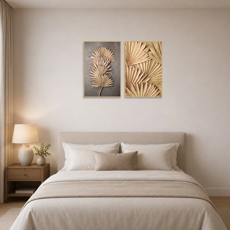 Bedroom wall adorned with rustic palm leaves wall art set for a serene vibe.