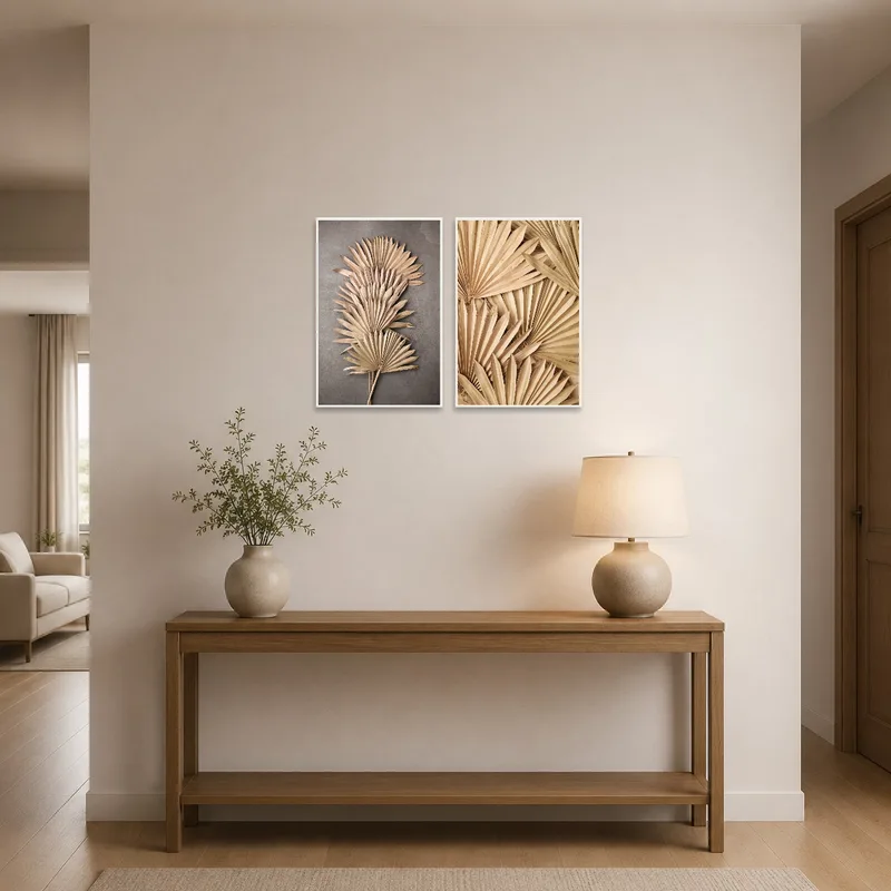 Rustic palm leaves wall art set greeting guests in an entrance hall.