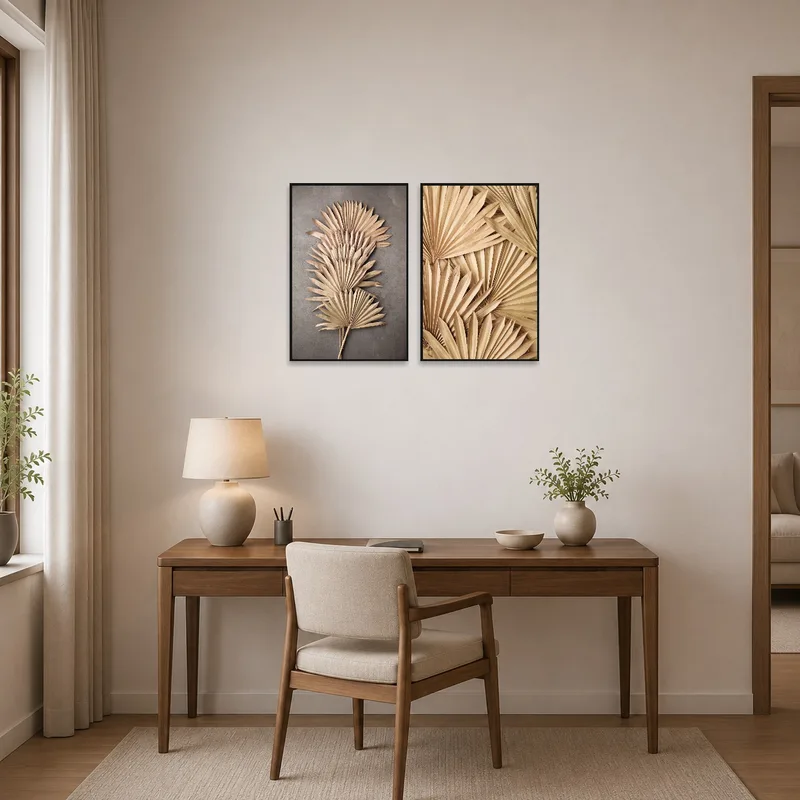 Home office with rustic palm leaves wall art set providing natural inspiration.