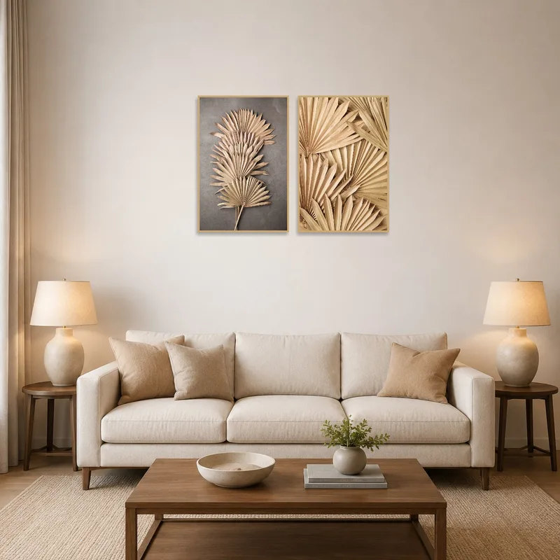 Rustic palm leaves wall art set on a living room wall, complementing cozy seating.