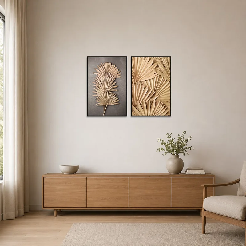 Minimalist room with rustic palm leaves wall art set adding a nature touch.