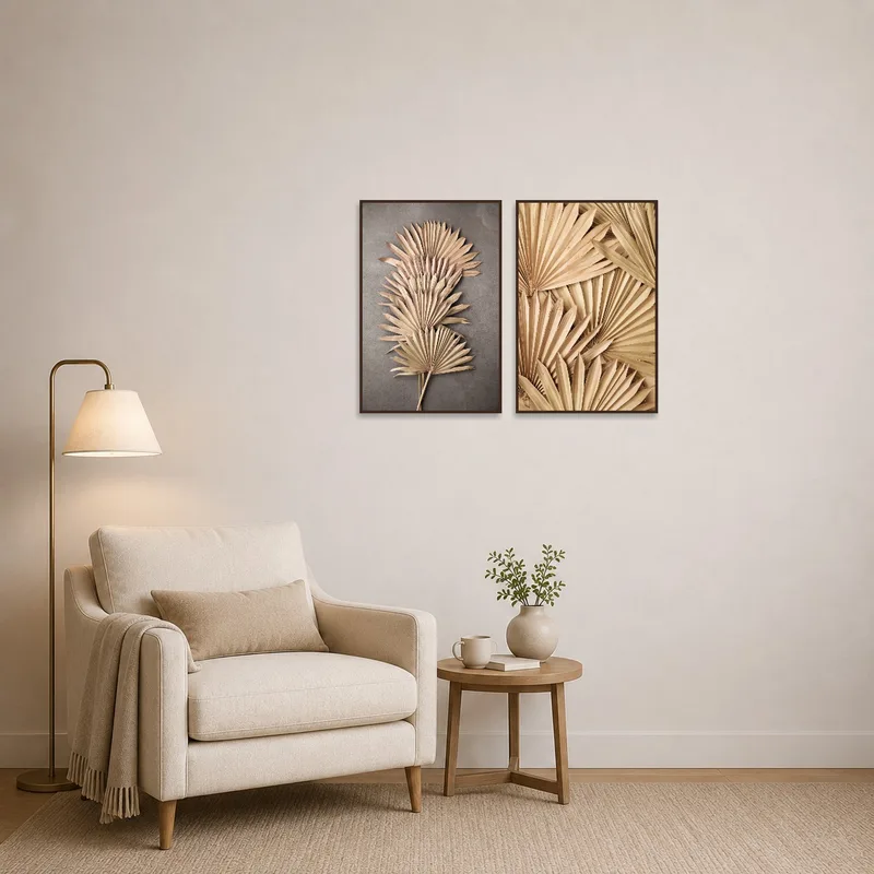 Reading corner features rustic palm leaves wall art set to enhance relaxation.