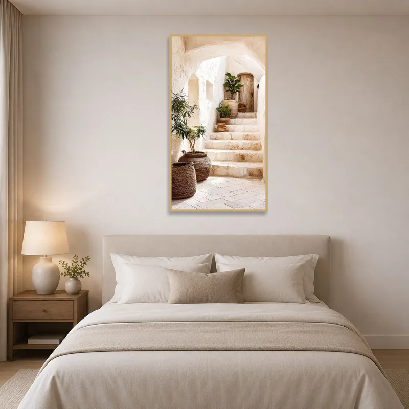 Rustic stone stairway art brings nature and elegance to a bedroom environment.
