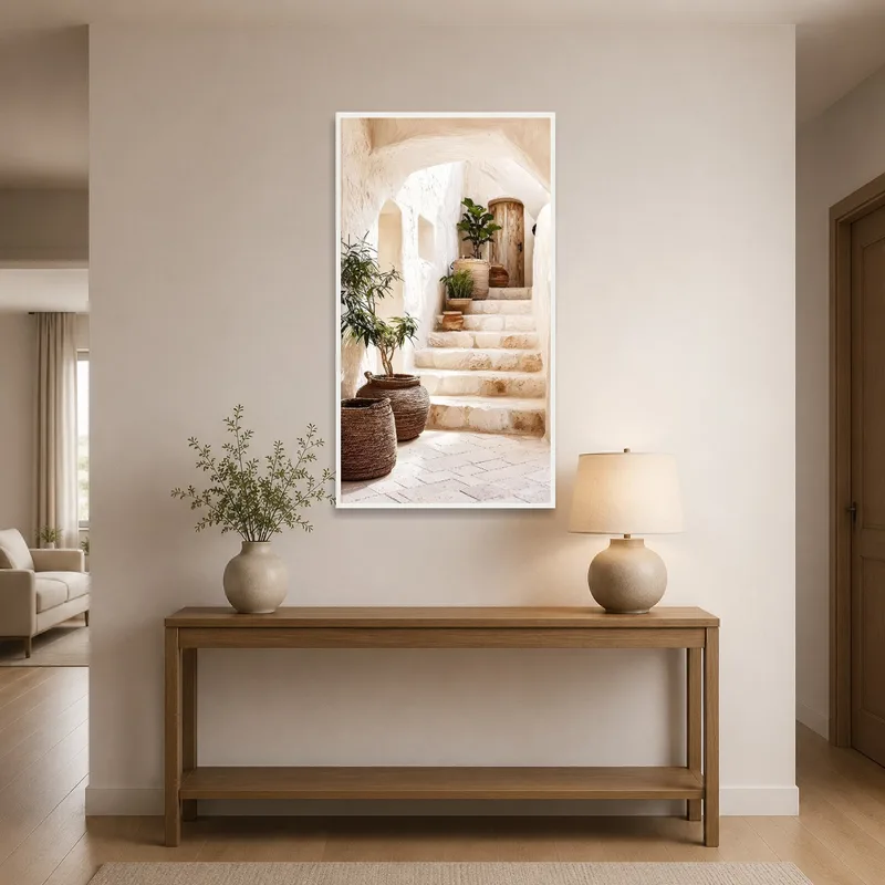 Enhance an entrance hall with a rustic stone stairway scene featuring pots and plants.