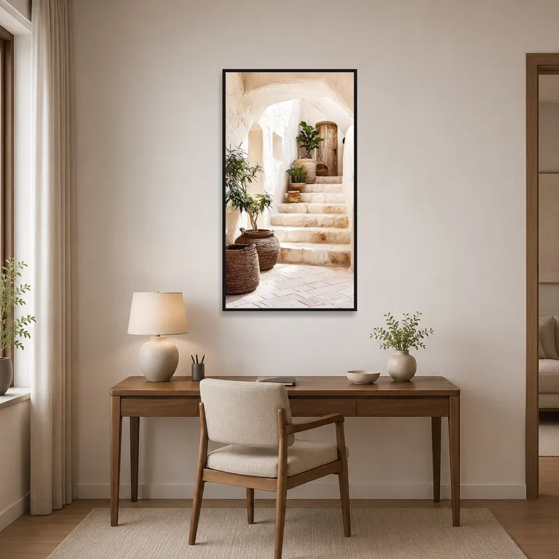 Elevate a home office with the earthy charm of a rustic stone stairway artwork.