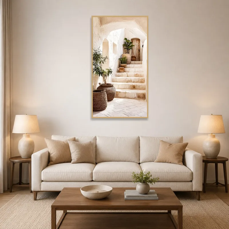 A rustic stone stairway with pots and plants, ideal for adding warmth to a living room setting.