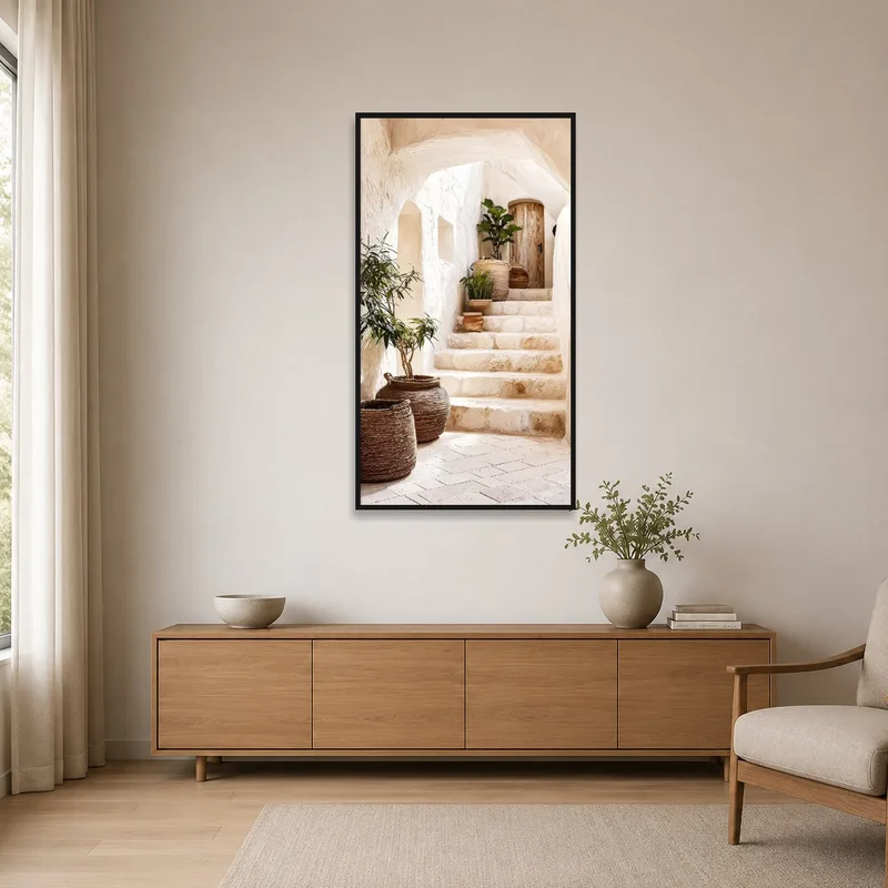 Rustic stone stairway art complements the simplicity and tranquility of a minimalist space.