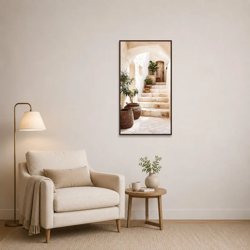 Cozy reading corner with rustic stone stairway view, perfect for a serene ambiance.