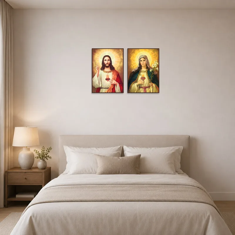 Sacred Heart art prints creating a serene bedroom ambiance.