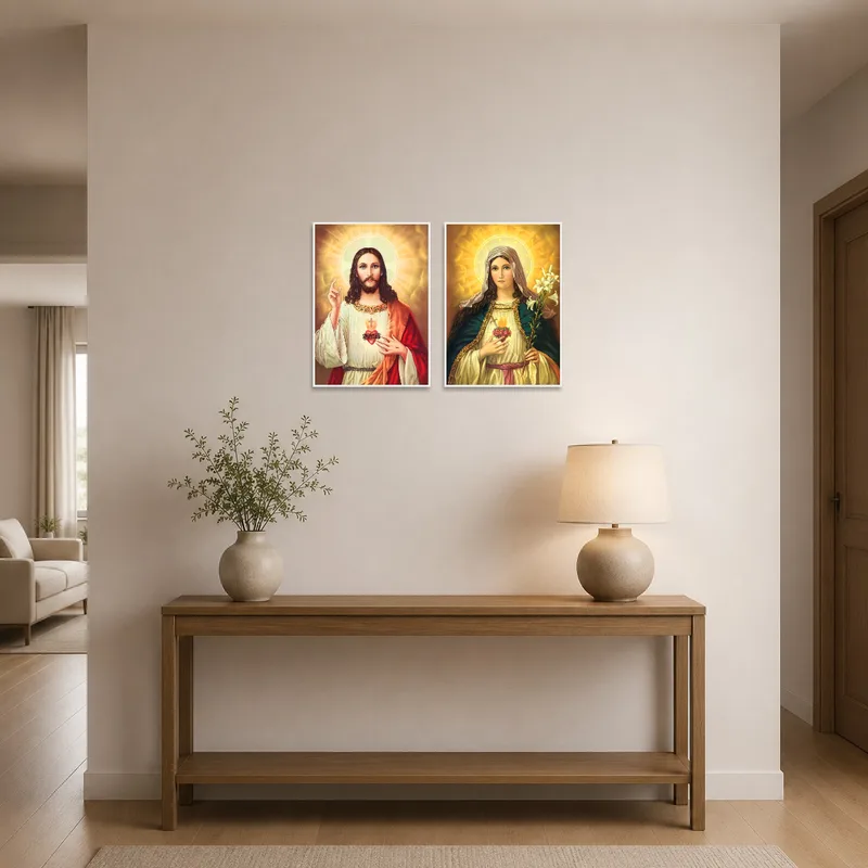 Sacred Heart prints welcoming guests in an entrance hall.