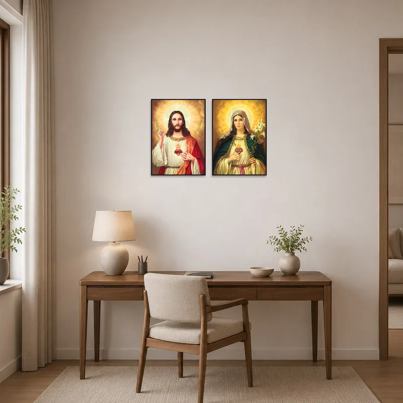 Sacred Heart prints adding inspiration to a home office.
