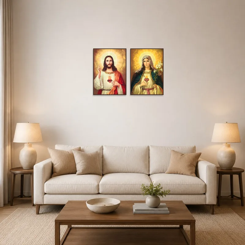 Sacred Heart art prints above a cozy living room sofa.