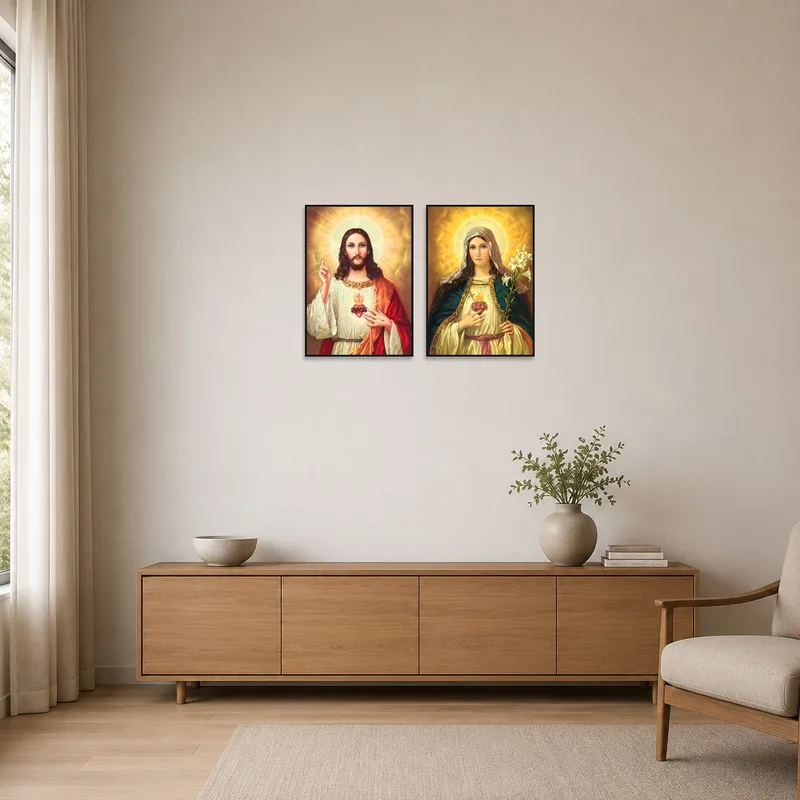 Minimalist room with Sacred Heart art prints on a plain wall.