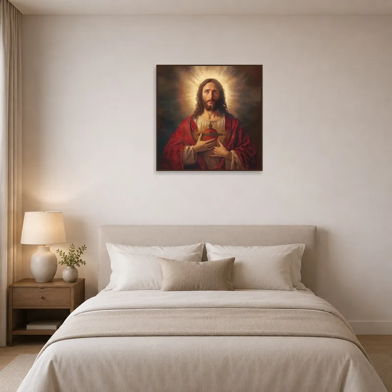 Sacred Heart religious print displayed above bed or dresser in the bedroom.