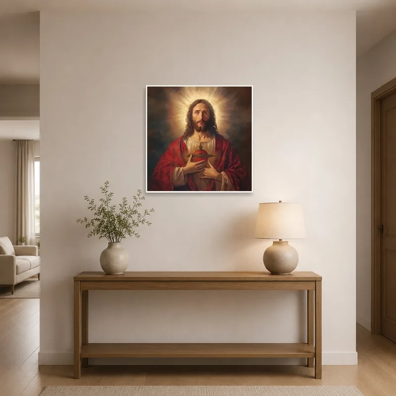 Sacred Heart religious art hanging in a welcoming entrance hall.