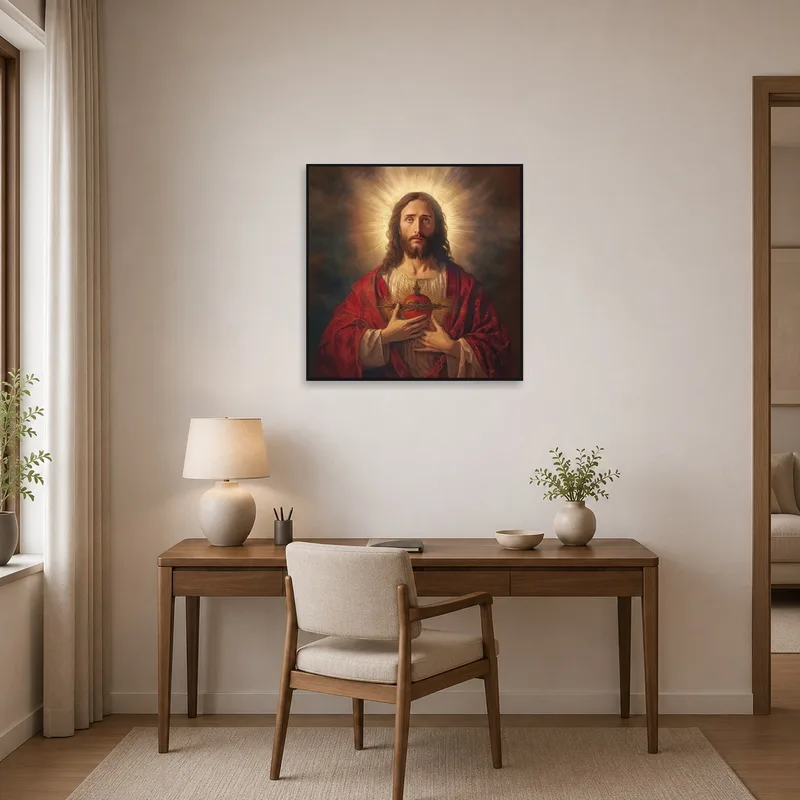 Sacred Heart religious print on the wall in the home office, near a desk.