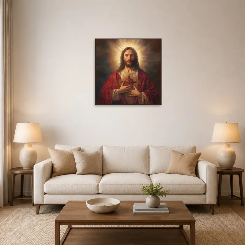 Sacred Heart religious art print on wall above a modern sofa in the living room.