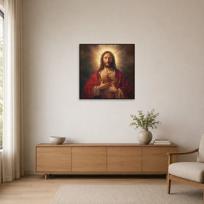 Sacred Heart religious art print in a minimalist room with sparse furnishings.