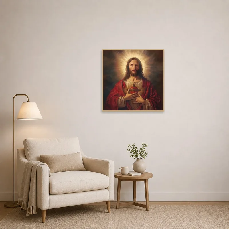 Sacred Heart art print adding a spiritual touch to a cozy reading corner.