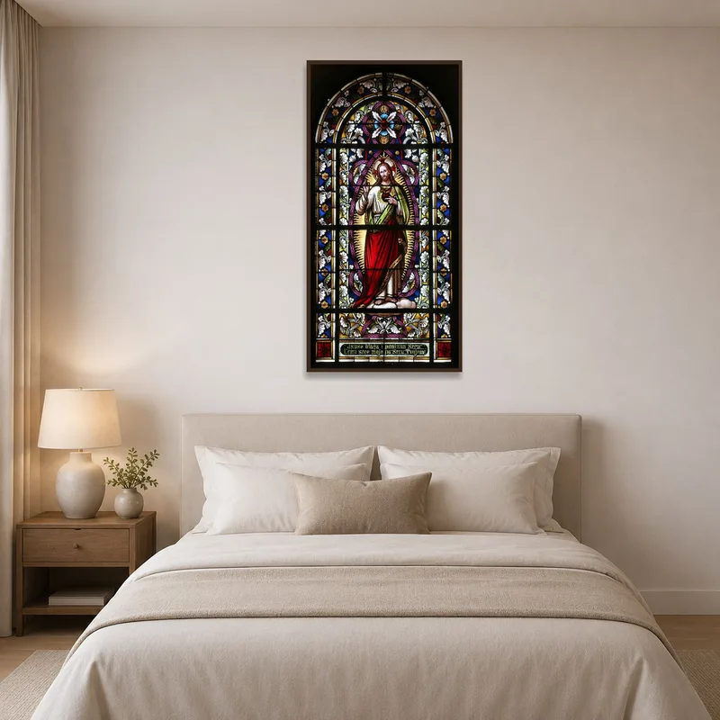 Stained glass print enriches the bedroom with spiritual hues.
