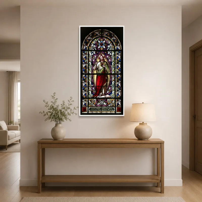 Vibrant sacred heart art warmly greets in the entrance hall.