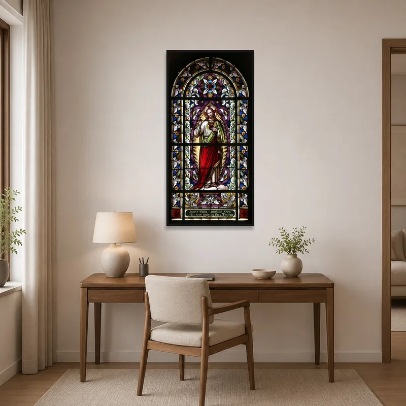 Religious art print inspires in a focused home office space.