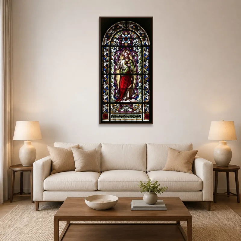 Stained glass art print adds a spiritual touch to a cozy living room.