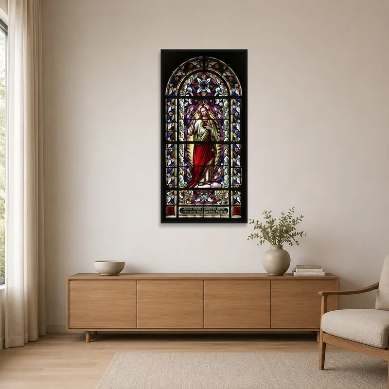 Colorful religious art contrasts a sleek, minimalist setting.