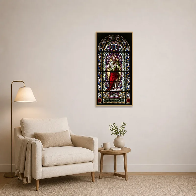 Sacred heart art creates a serene ambiance in the reading corner.