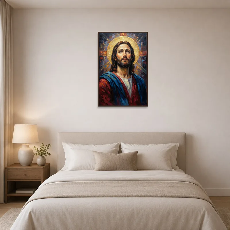 Sacred portrait offers a serene touch above a bed.