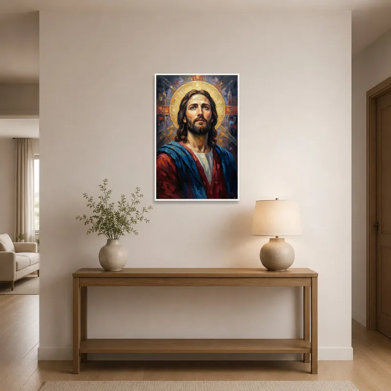 Sacred portrait graces an entrance hall, welcoming visitors.