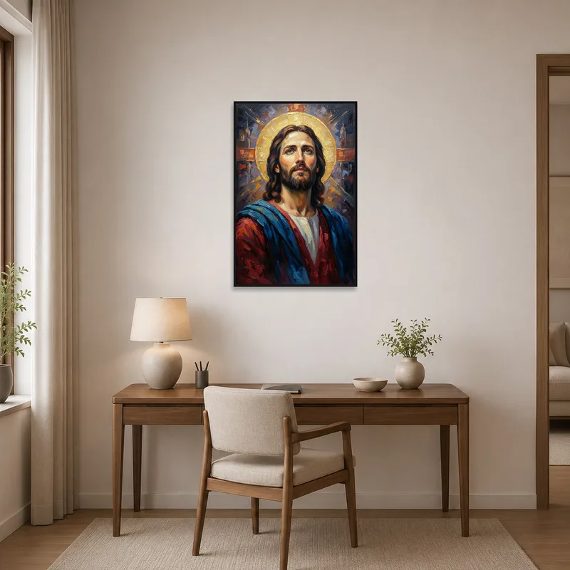 Contemporary sacred portrait enhances a focused home office.
