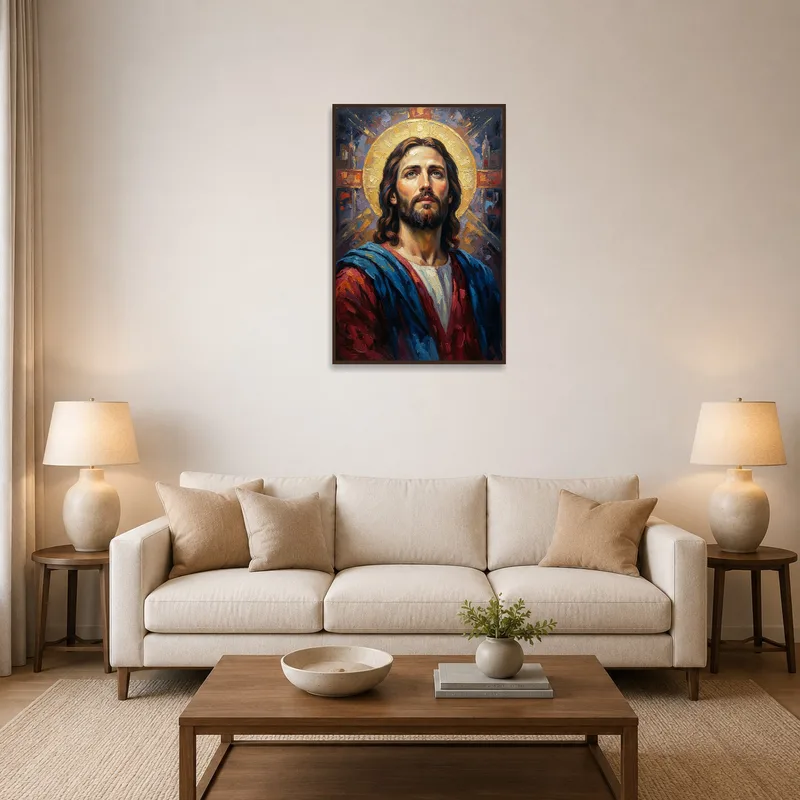 Contemporary sacred portrait on a living room wall above a sleek sofa.