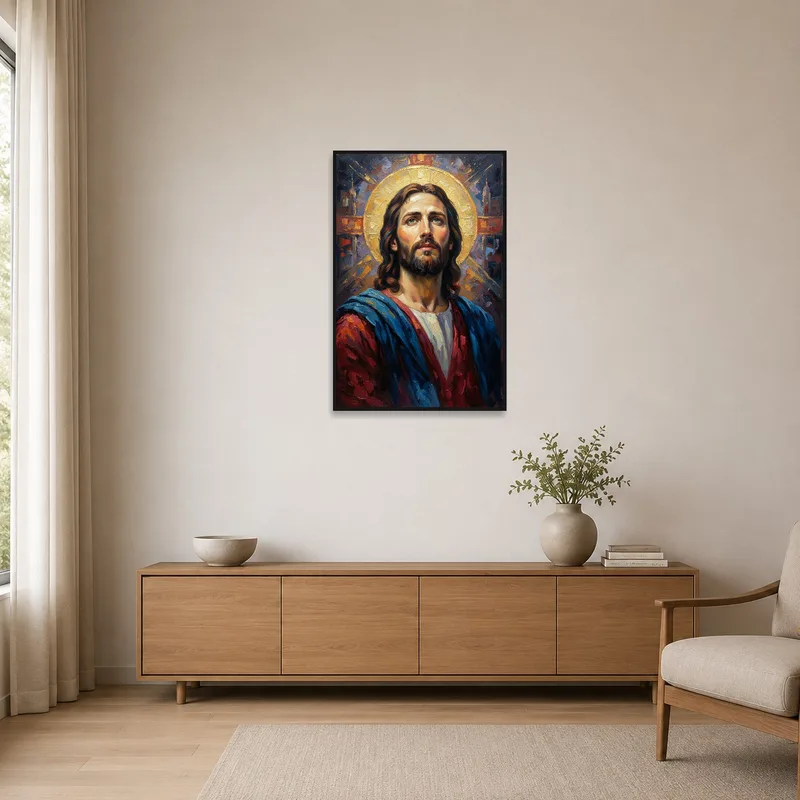 Sacred portrait adds a focal point in a minimalist space.