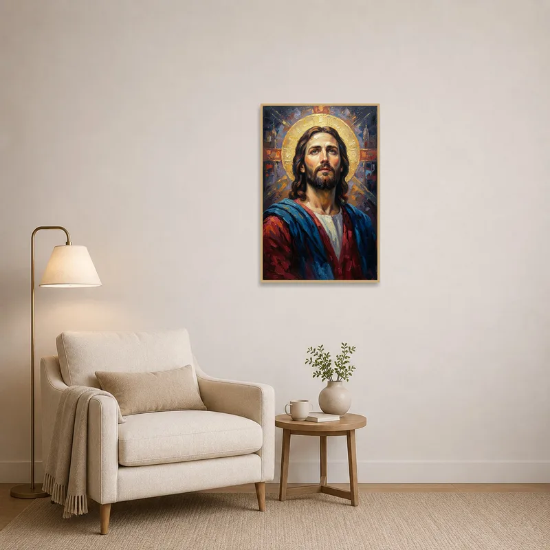 Reading corner adorned with a sacred portrait, adding depth.