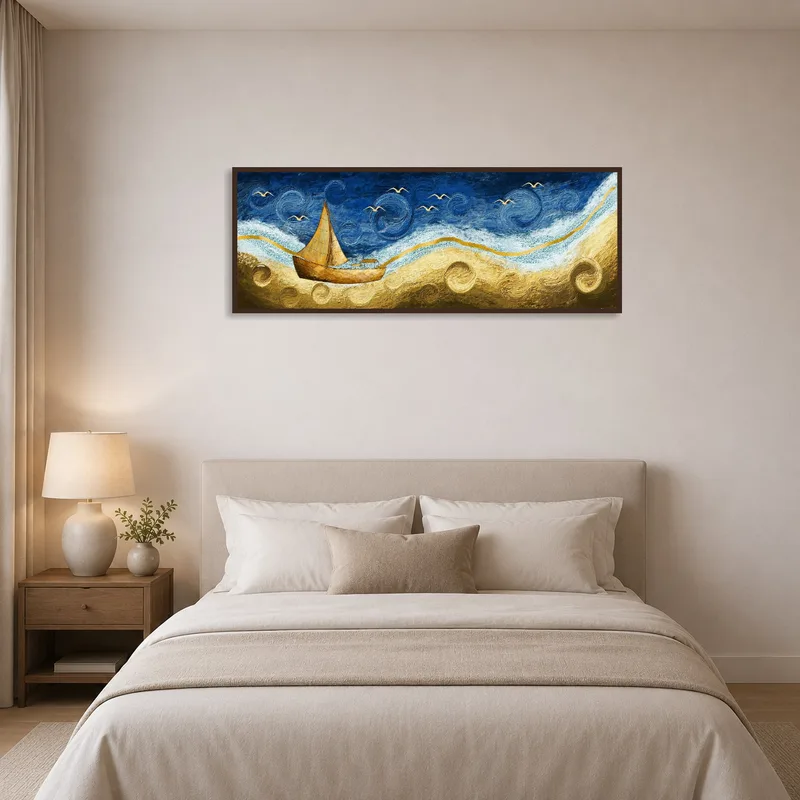 Sailboat art creates a calming focal point in the bedroom, complementing cozy decor.