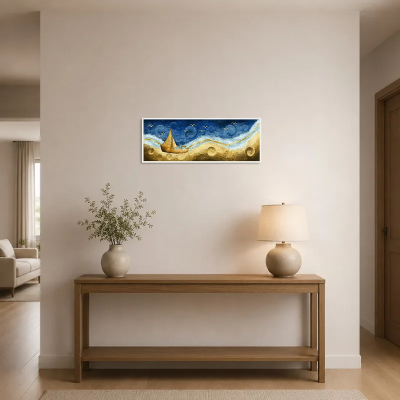 Sailboat art greets guests in the entrance hall, enhancing a warm and inviting atmosphere.