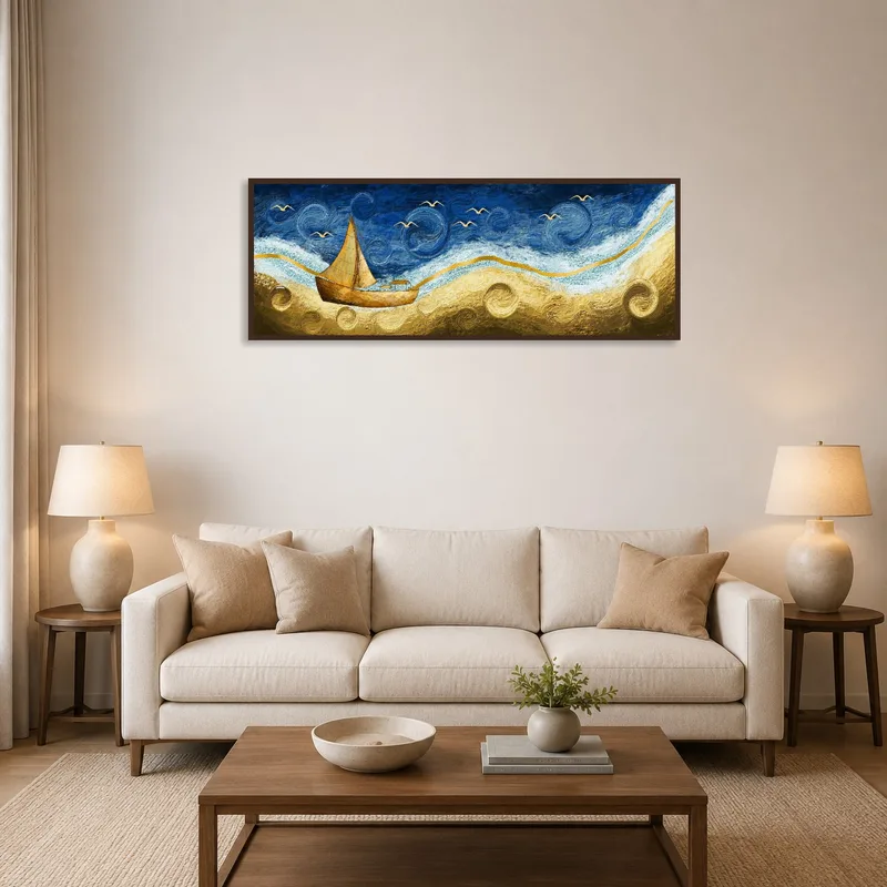 Sailboat art on a swirling sea adds vibrancy to the living room wall above a modern sofa.