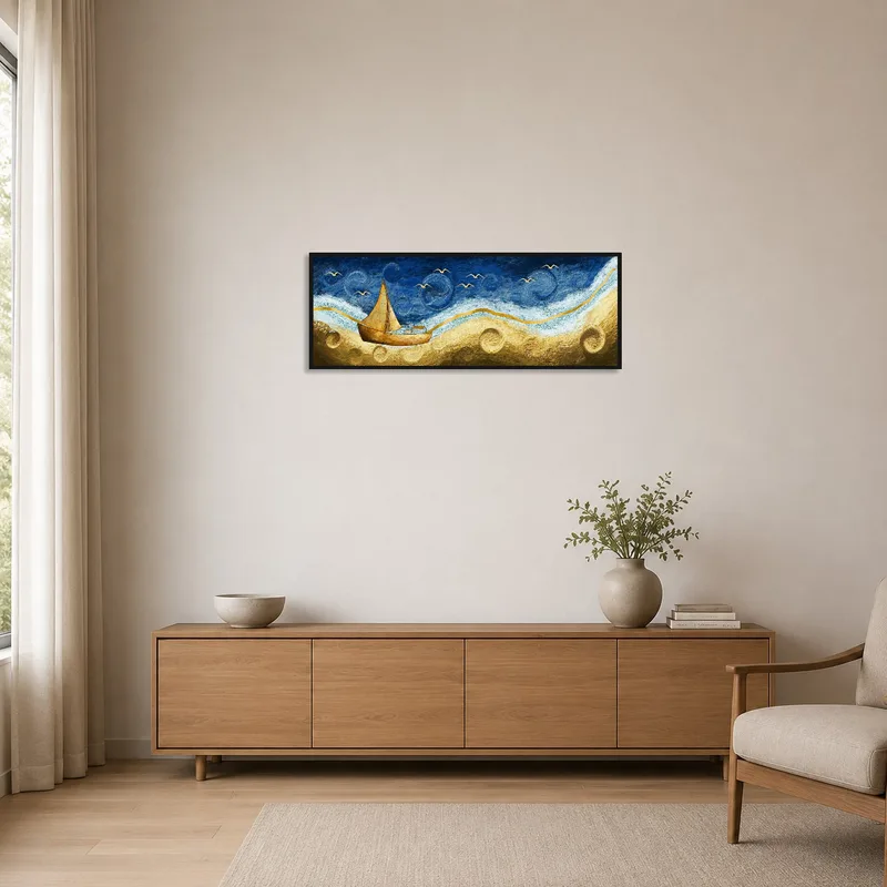 Minimalist space featuring sailboat art with abstract sea, matched with sleek, simple furnishings.