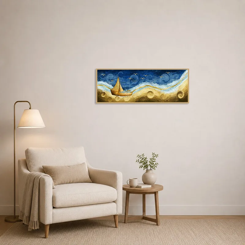 Reading corner illuminated by sailboat art, enhancing serenity with its swirling sea design.