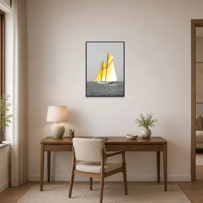Dynamic sailboat print enlivens a focused home office space with a sleek desk.