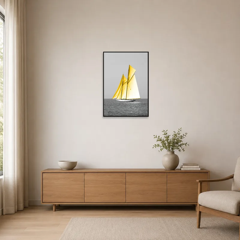 Vibrant sailboat with yellow sails accentuating a minimalist room with white walls.