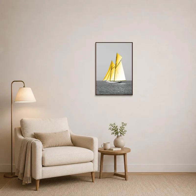 Yellow sailed sailboat energizes a quiet reading corner with a comfy armchair.