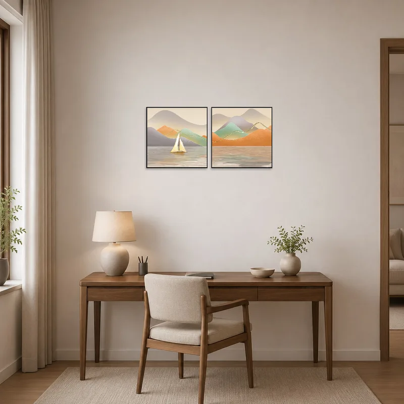 Art set inspiring creativity in a contemporary home office.