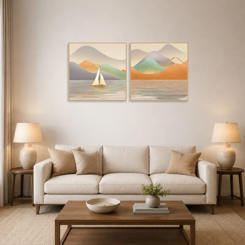 Abstract landscape art set displayed above a modern living room sofa.